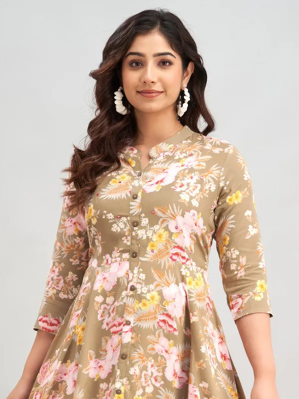 Cotton beige floral printed long kurti