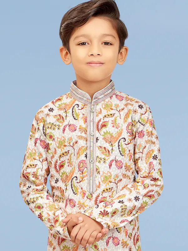 Cotton beige printed kurta suit for boys