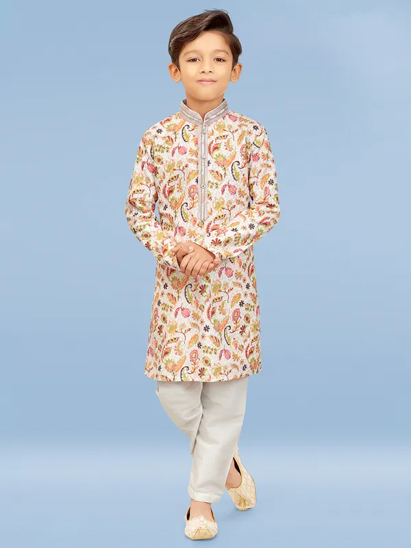 Cotton beige printed kurta suit for boys