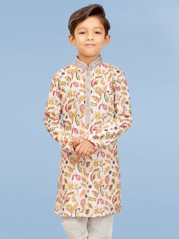 Cotton beige printed kurta suit for boys