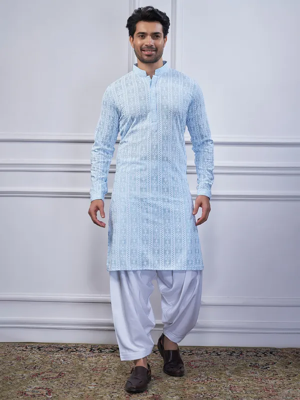 Cotton blue embroidery kurta pajama