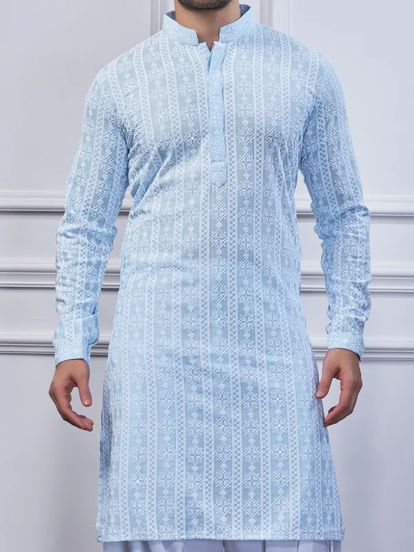 Cotton blue embroidery kurta pajama