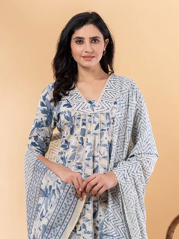Cotton blue kurti set with print