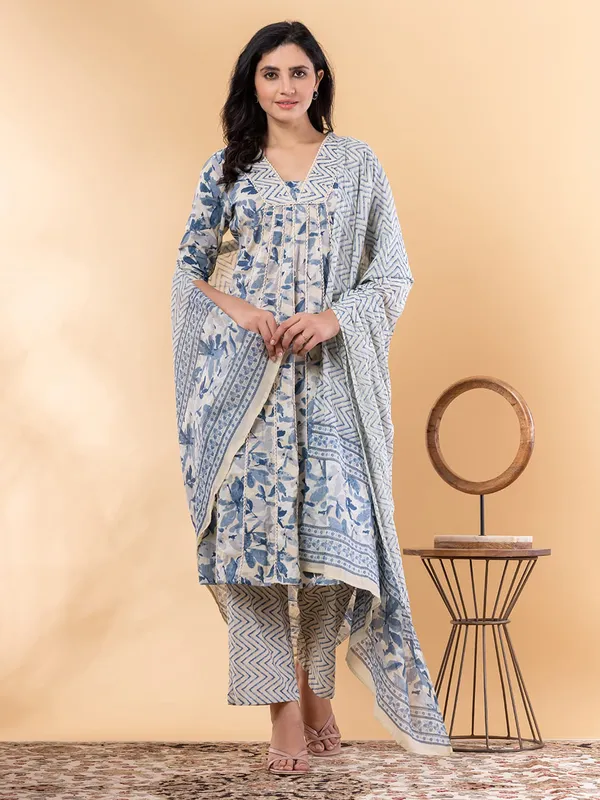 Cotton blue kurti set with print