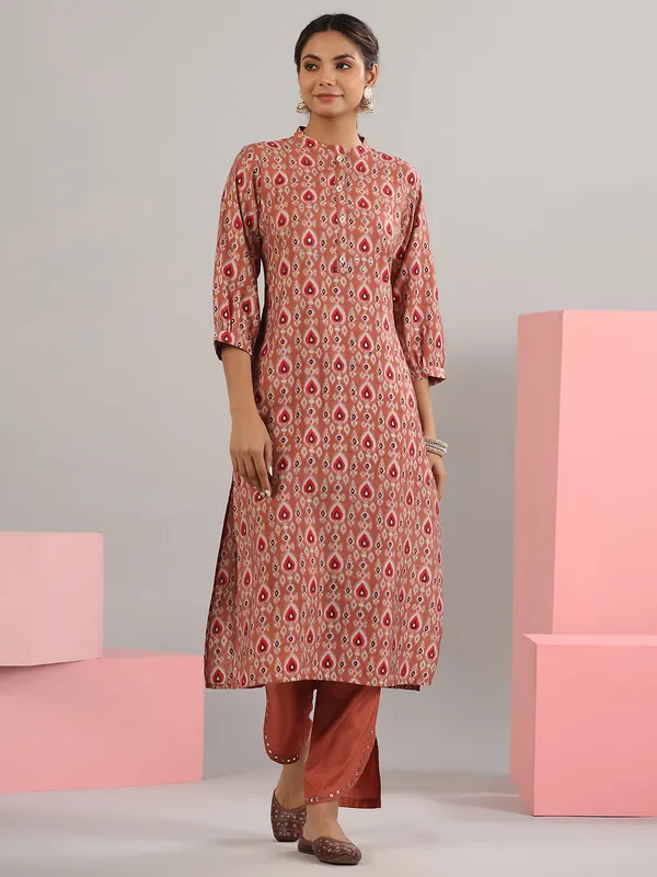 Cotton brown printed kurti with pant