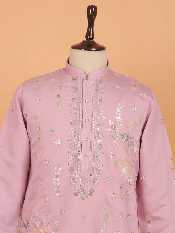 Cotton candy pink embroided designed kurta set for men