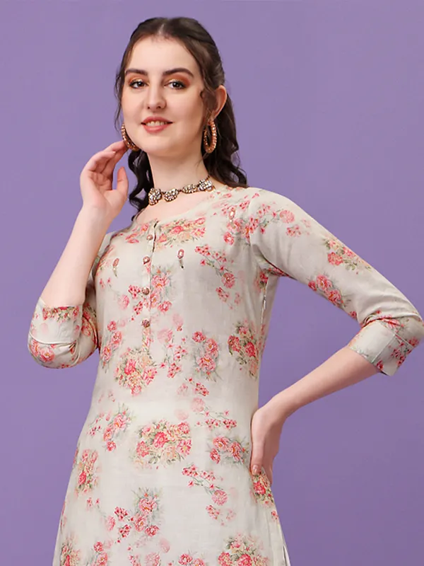 Linen casual wear printed cream kurti
