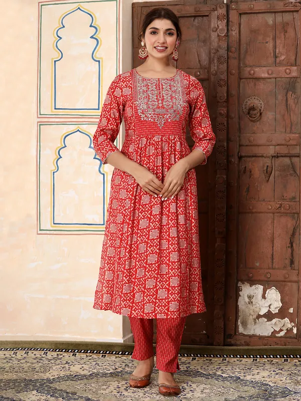 Cotton casual wear red printed kurti set