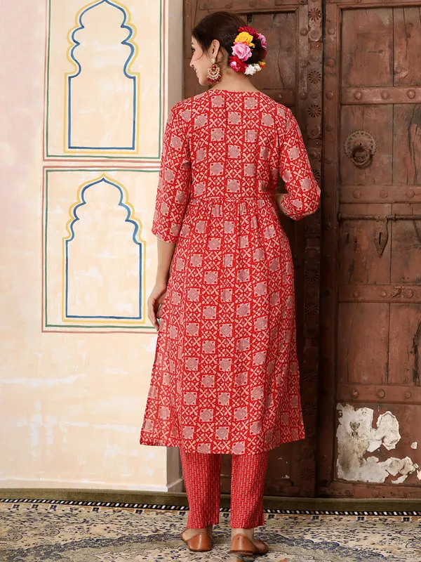 Cotton casual wear red printed kurti set