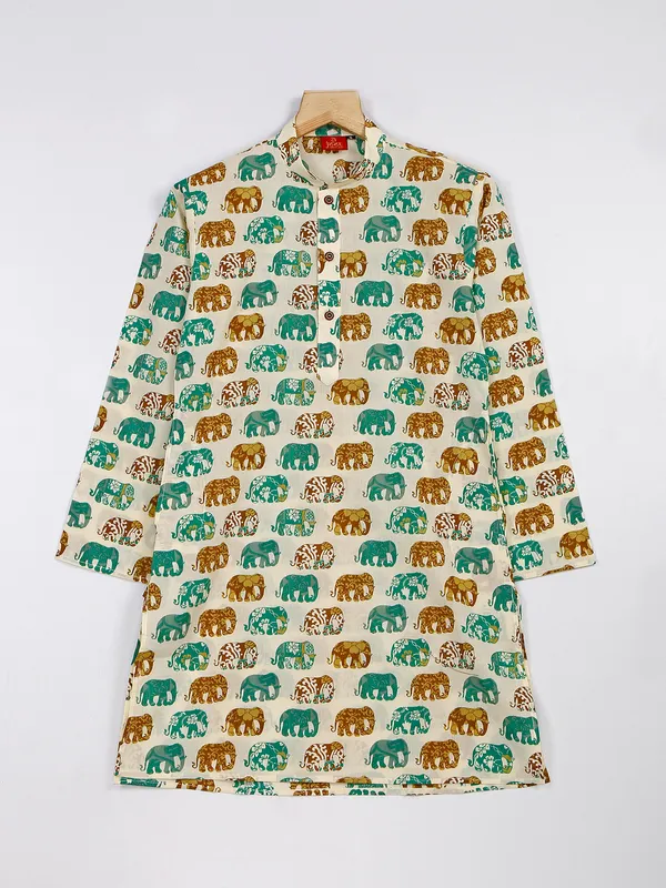 Cotton cream and green kurta suit in printed