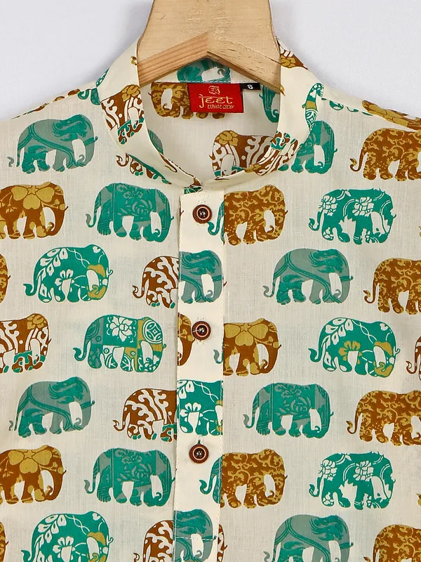 Cotton cream and green kurta suit in printed