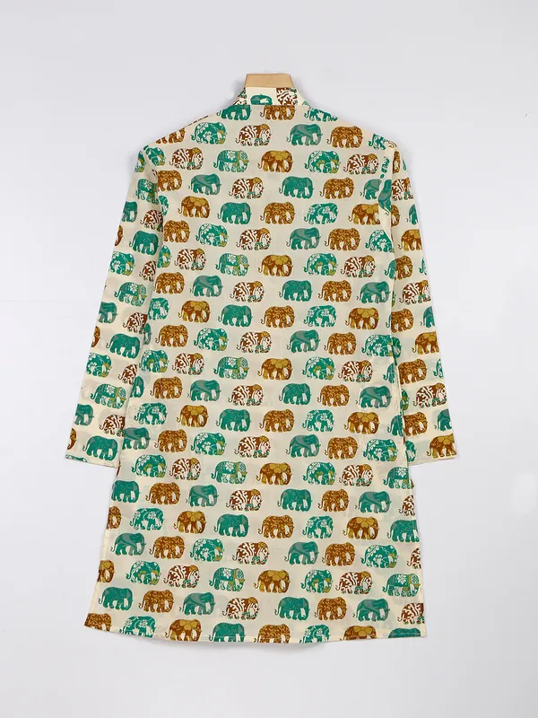 Cotton cream and green kurta suit in printed