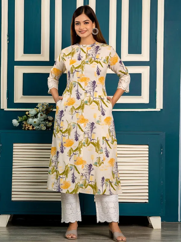 Cotton cream and yellow printed kurti