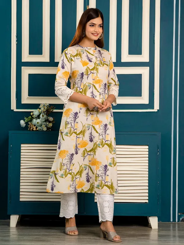 Cotton cream and yellow printed kurti