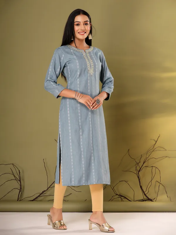 Cotton dark grey embroidery kurti