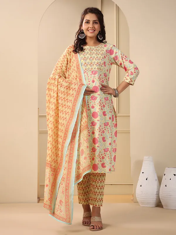 Cotton floral printed light yellow kurti set