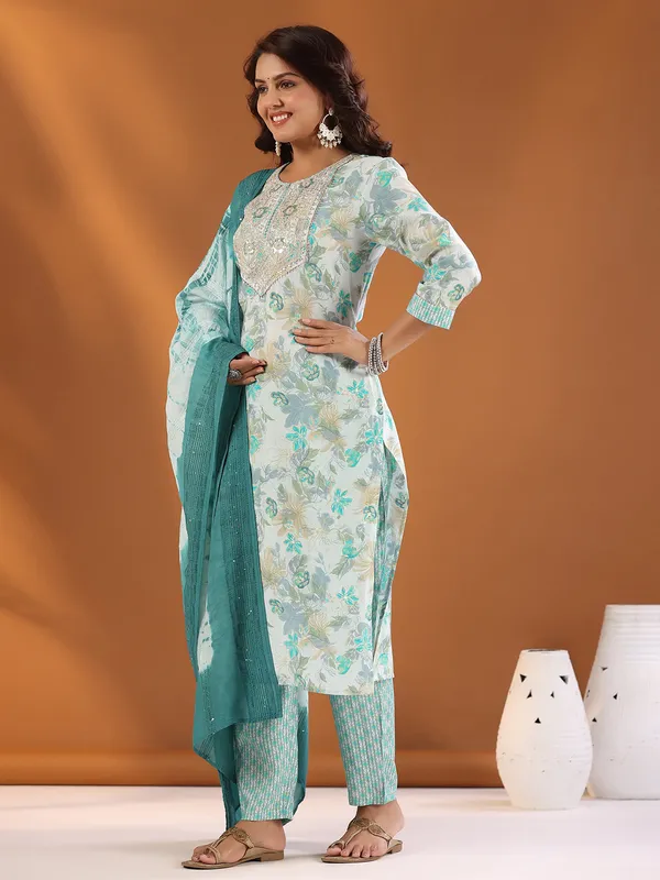 White and rama green floral printed kurti set