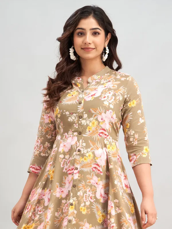 Cotton khaki floral printed kurti