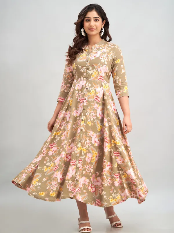 Cotton khaki floral printed kurti