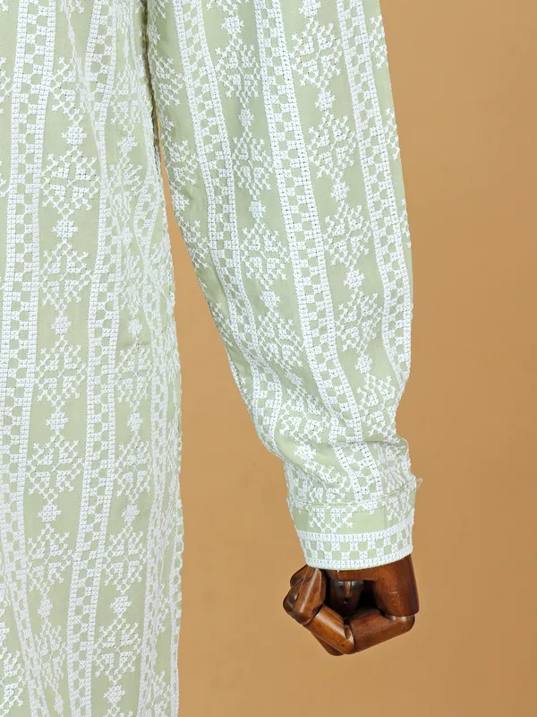 Cotton kurta suit for men in pista green