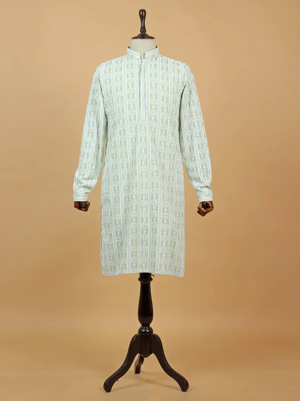 Cotton kurta suit for men in pista green