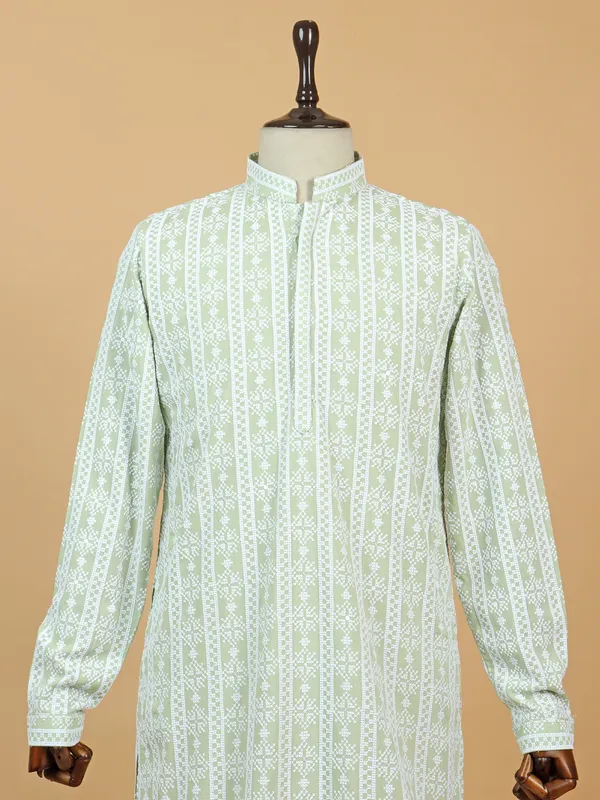 Cotton kurta suit for men in pista green