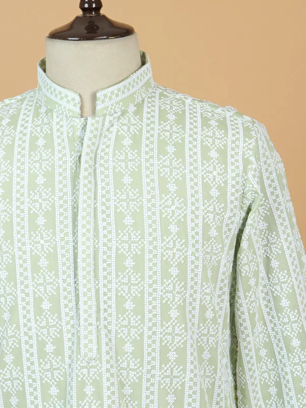 Cotton kurta suit for men in pista green