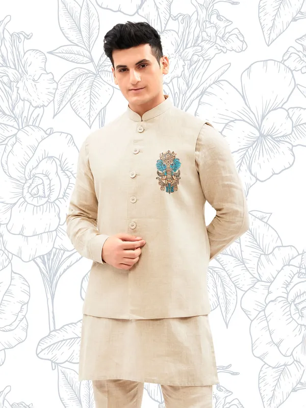 Cotton light khakhi waistcoat set for men