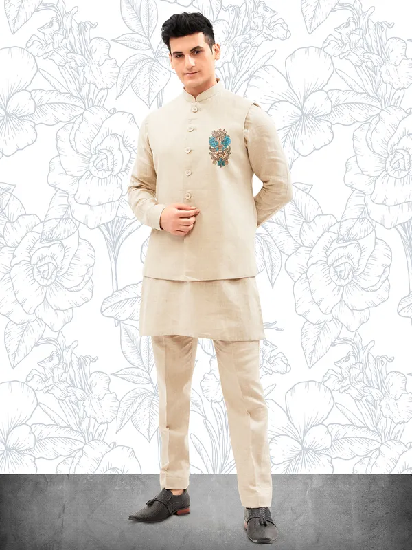 Cotton light khakhi waistcoat set for men