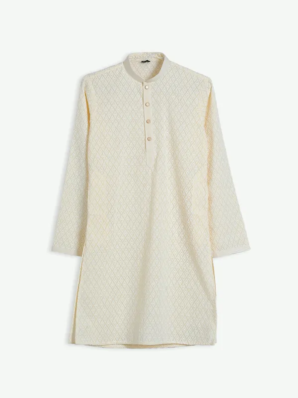 Cotton light yellow lucknowi kurta suit