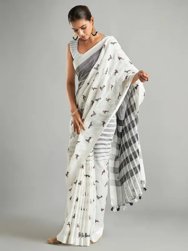 Cotton linen white saree