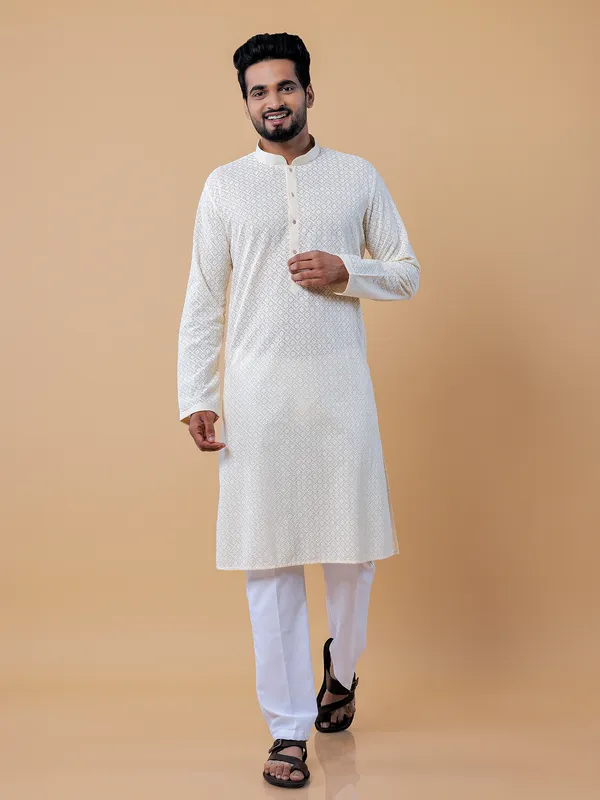 Cotton lucknowi  Men Kurta pajama in light yellow