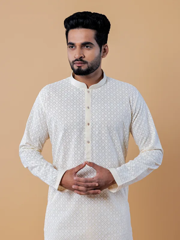 Cotton lucknowi kurta suit in light yellow