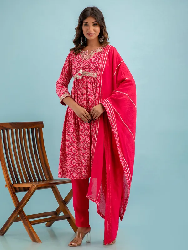 Cotton magenta printed kurti set