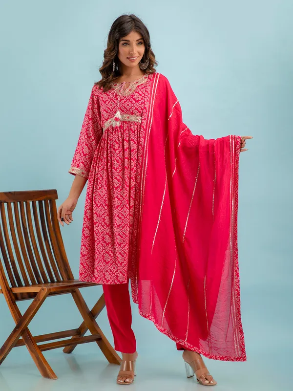 Cotton magenta printed kurti set