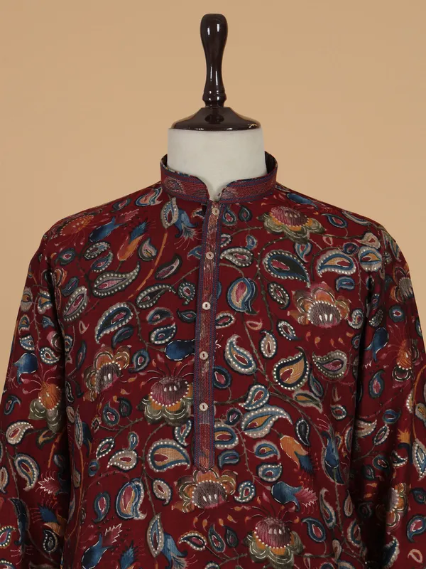Cotton maroon kurta suit for men