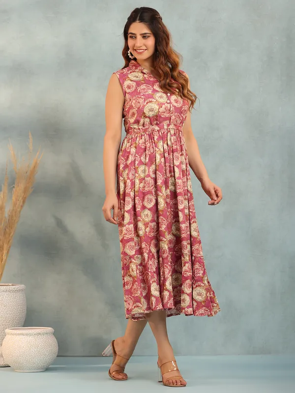 Cotton mauve pink floral printed kurti
