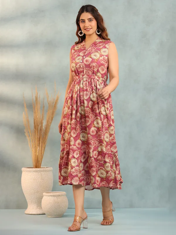 Cotton mauve pink floral printed kurti