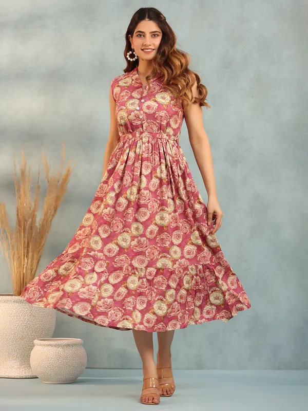 Cotton mauve pink floral printed kurti
