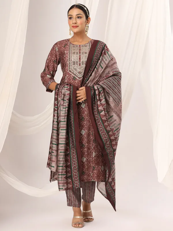 Cotton mauve pink printed kurti set