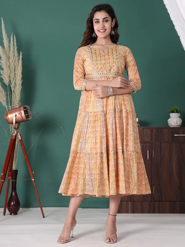 Cotton mustard yellow kurti in printed