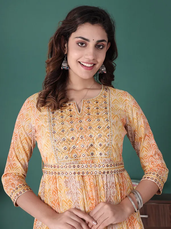Cotton mustard yellow kurti in printed