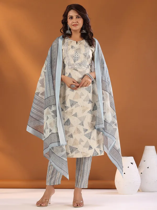 Cotton off white and grey kurti set