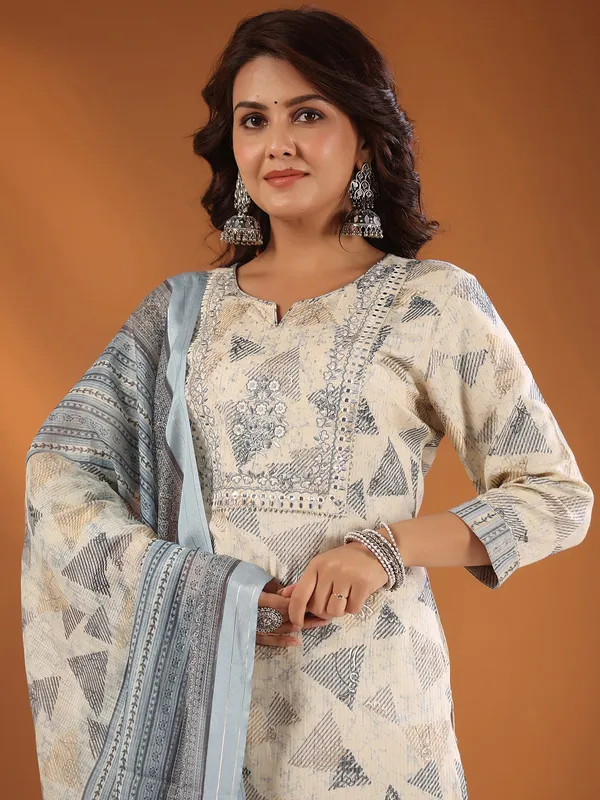 Cotton off white and grey kurti set