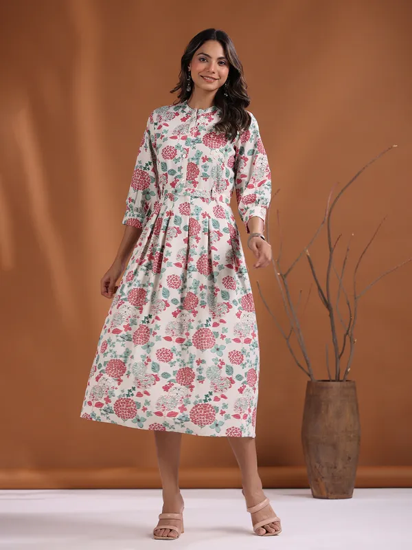 Cotton off white floral printed long kurti