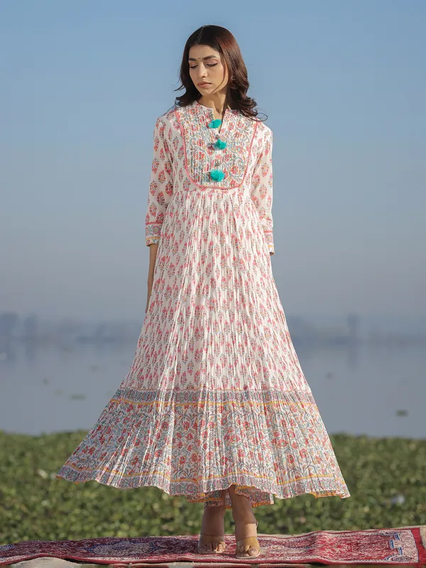 Cotton off white printed long kurti