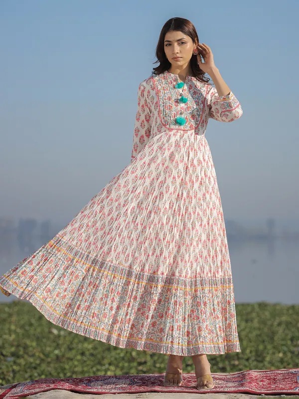 Cotton off white printed long kurti