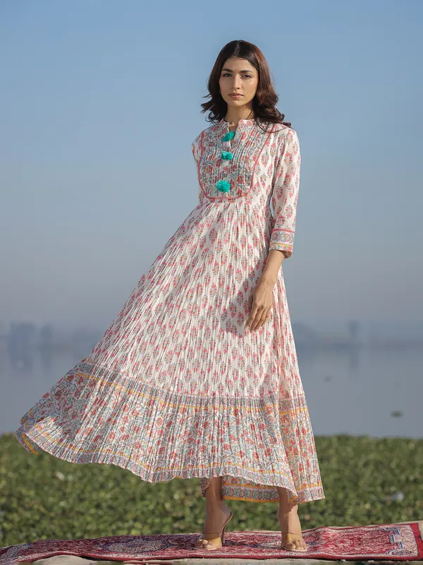 Cotton off white printed long kurti