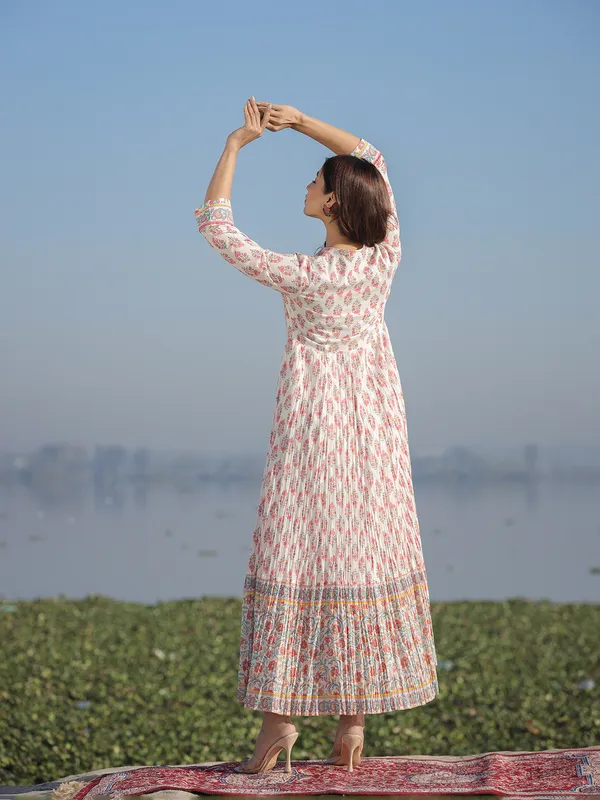 Cotton off white printed long kurti