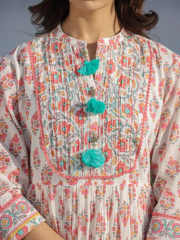 Cotton off white printed long kurti